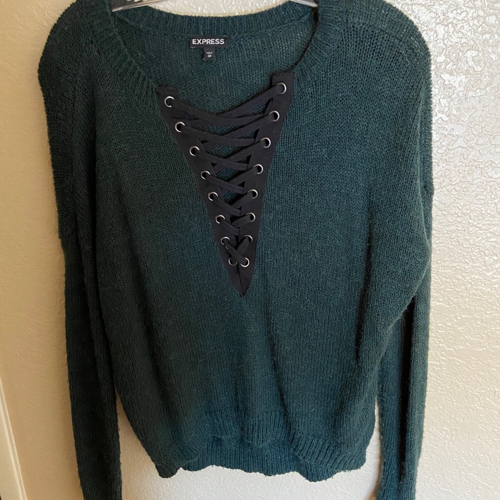 Express dark green sweater with criss cross open